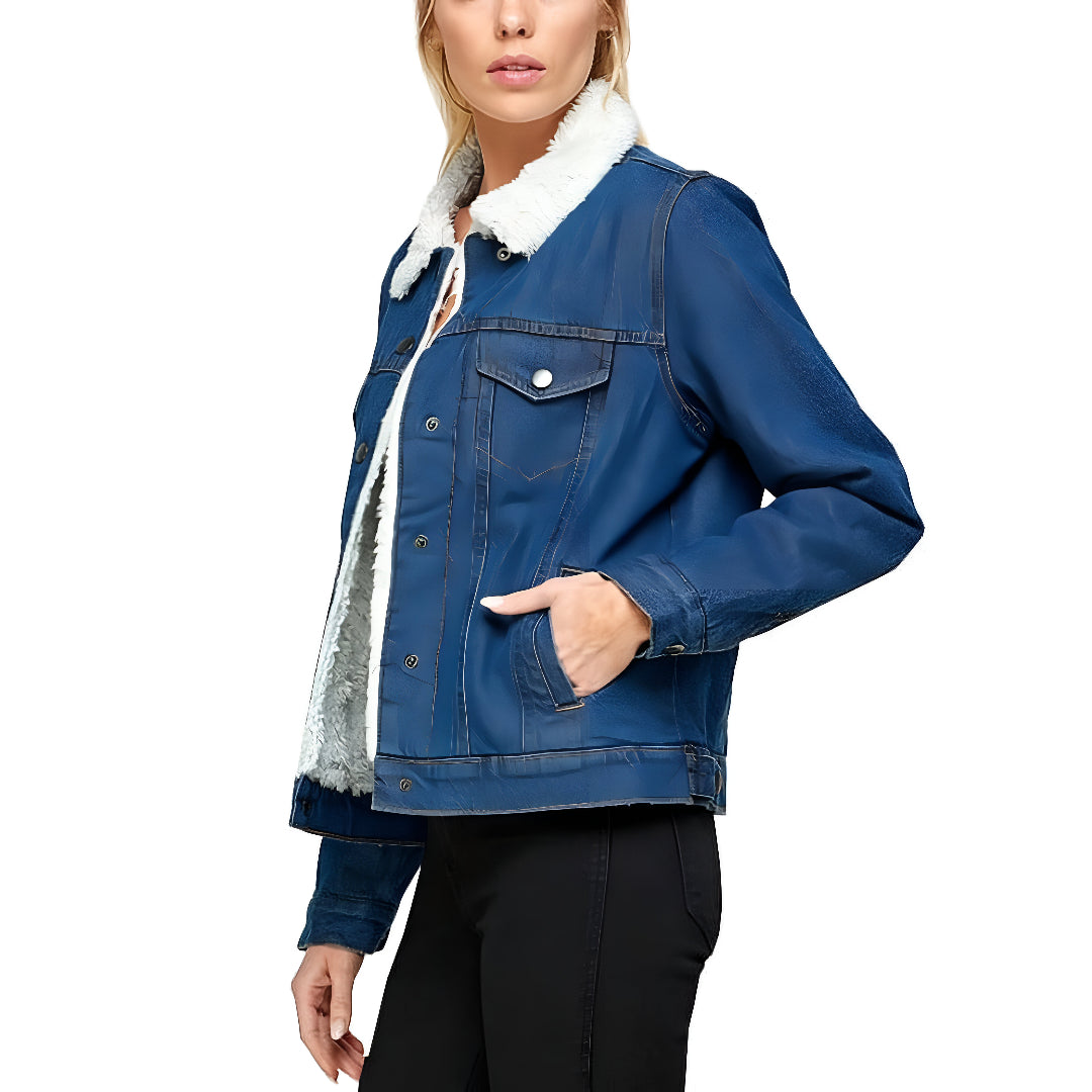 Women's Classic Cotton Faux Fur Lined Button Up Denim Jean Trucker Jacket