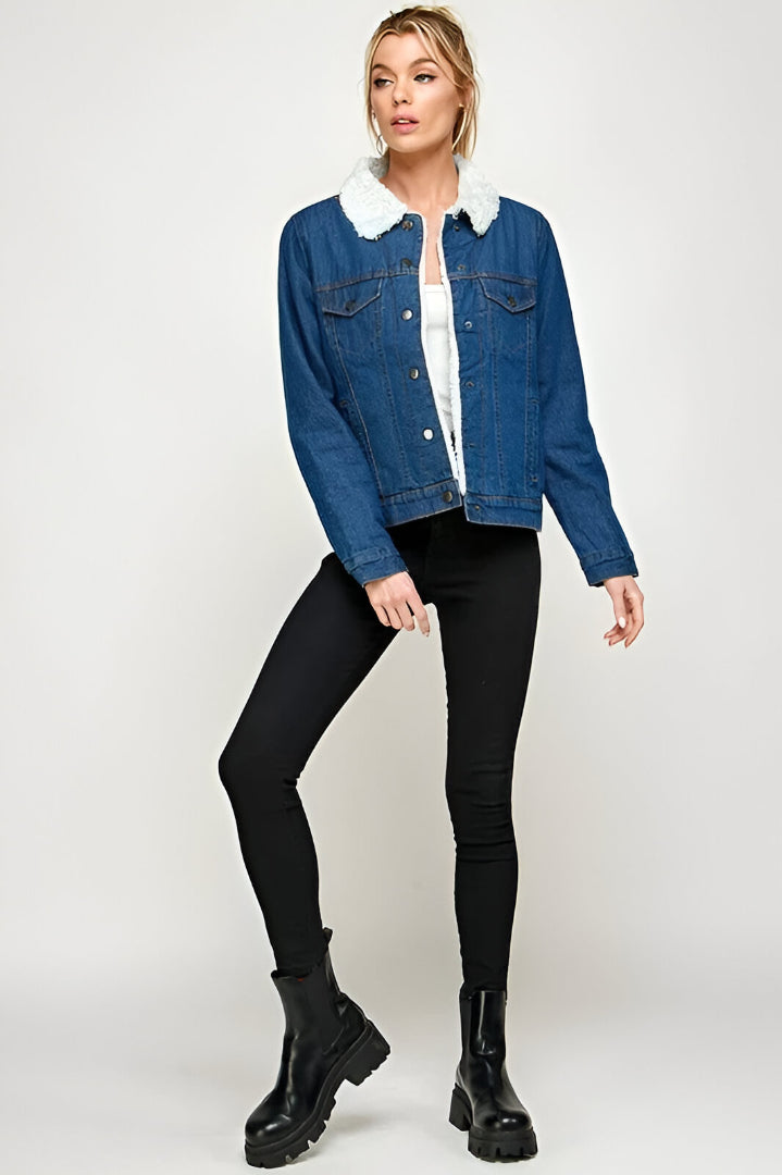 Women's Classic Cotton Faux Fur Lined Button Up Denim Jean Trucker Jacket