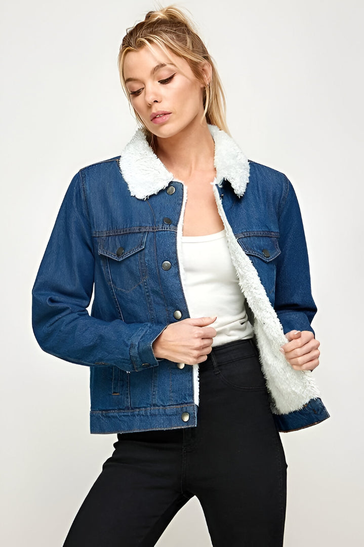 Women's Classic Cotton Faux Fur Lined Button Up Denim Jean Trucker Jacket