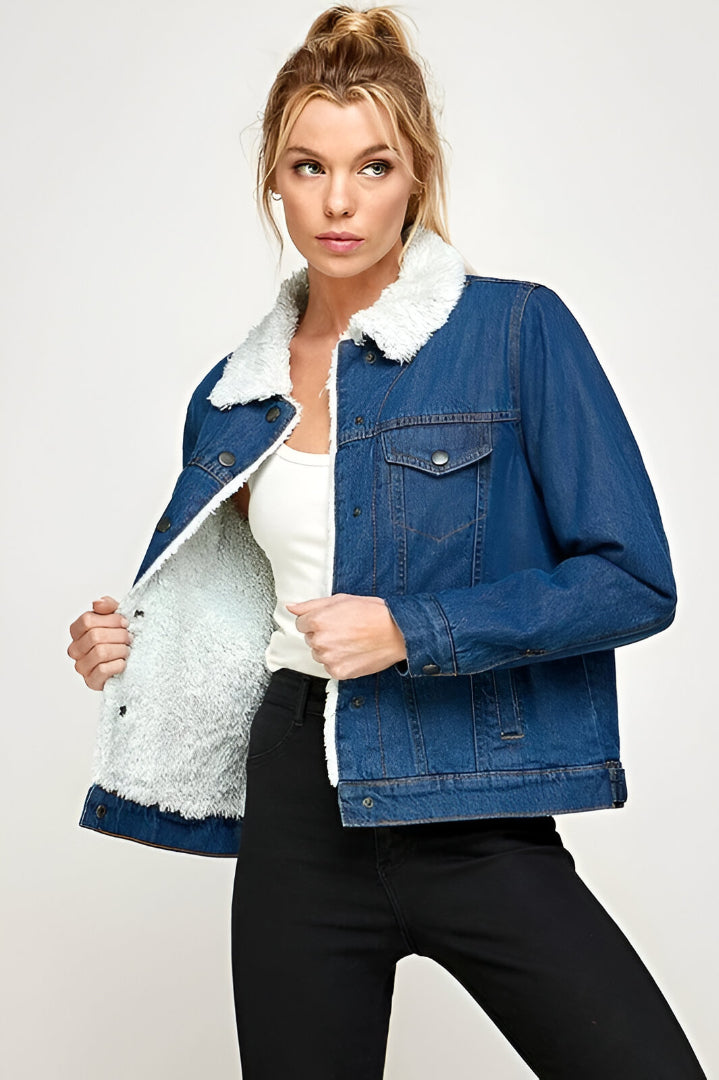 Women's Classic Cotton Faux Fur Lined Button Up Denim Jean Trucker Jacket