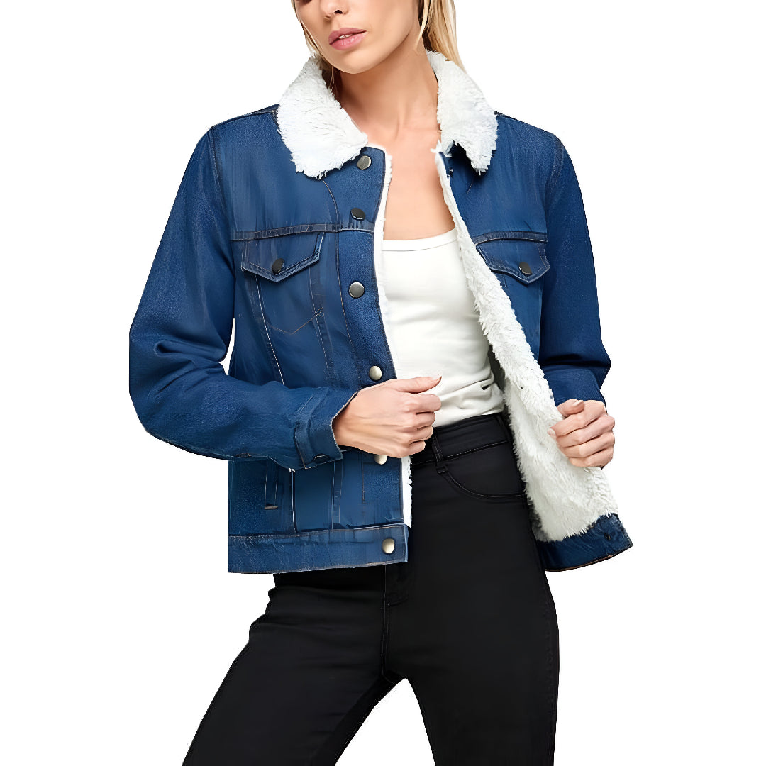 Women's Classic Cotton Faux Fur Lined Button Up Denim Jean Trucker Jacket