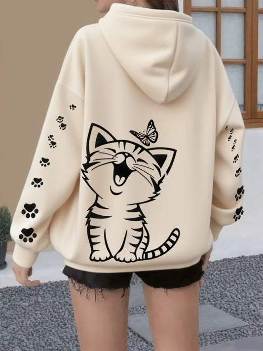 Kitten Butterfly Cat Paw Print Women's Casual Zip-Up Hoodie, Fashion Sporty Jacket, Long Sleeve