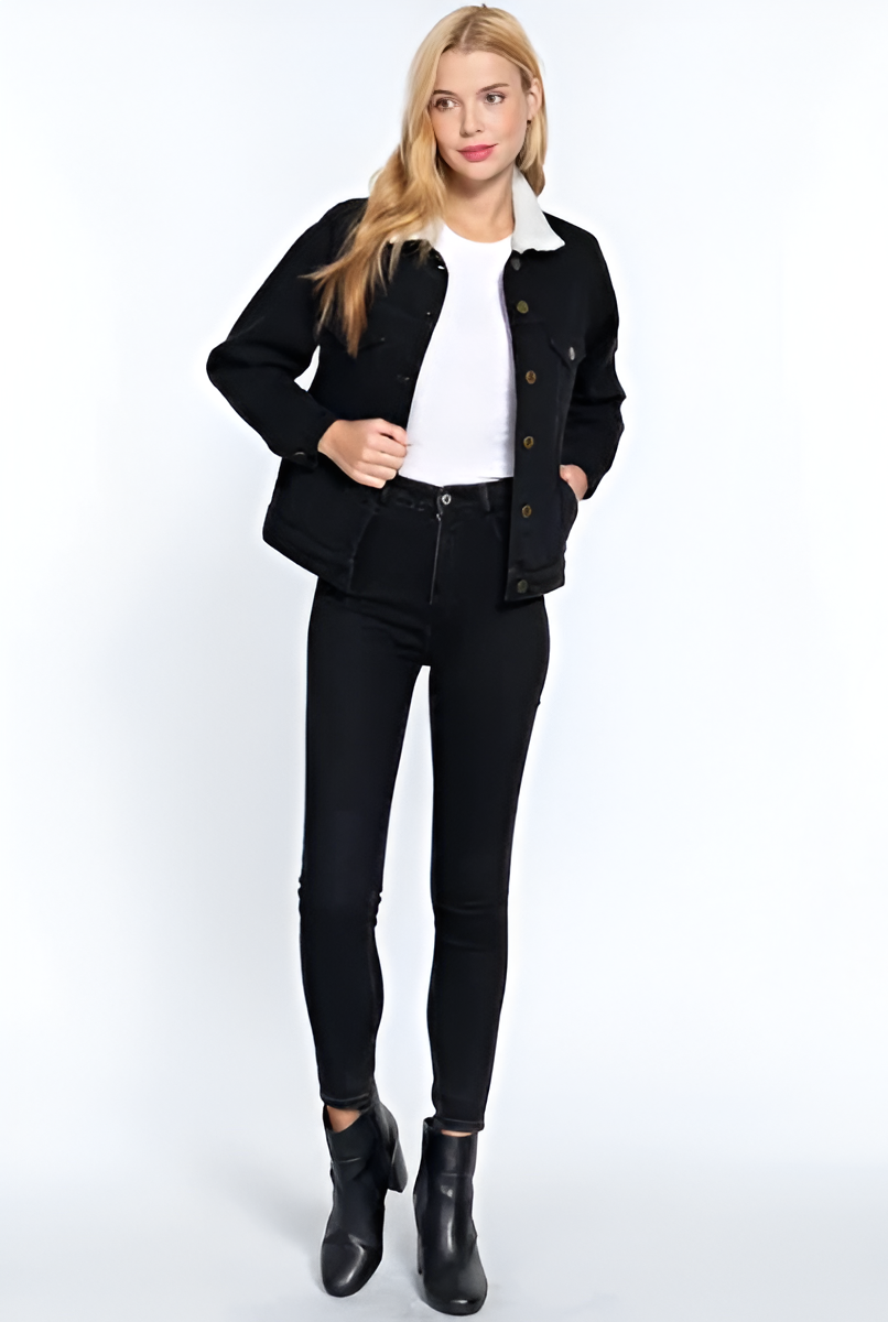 Women's Classic Cotton Faux Fur Lined Button Up Denim Jean Trucker Jacket